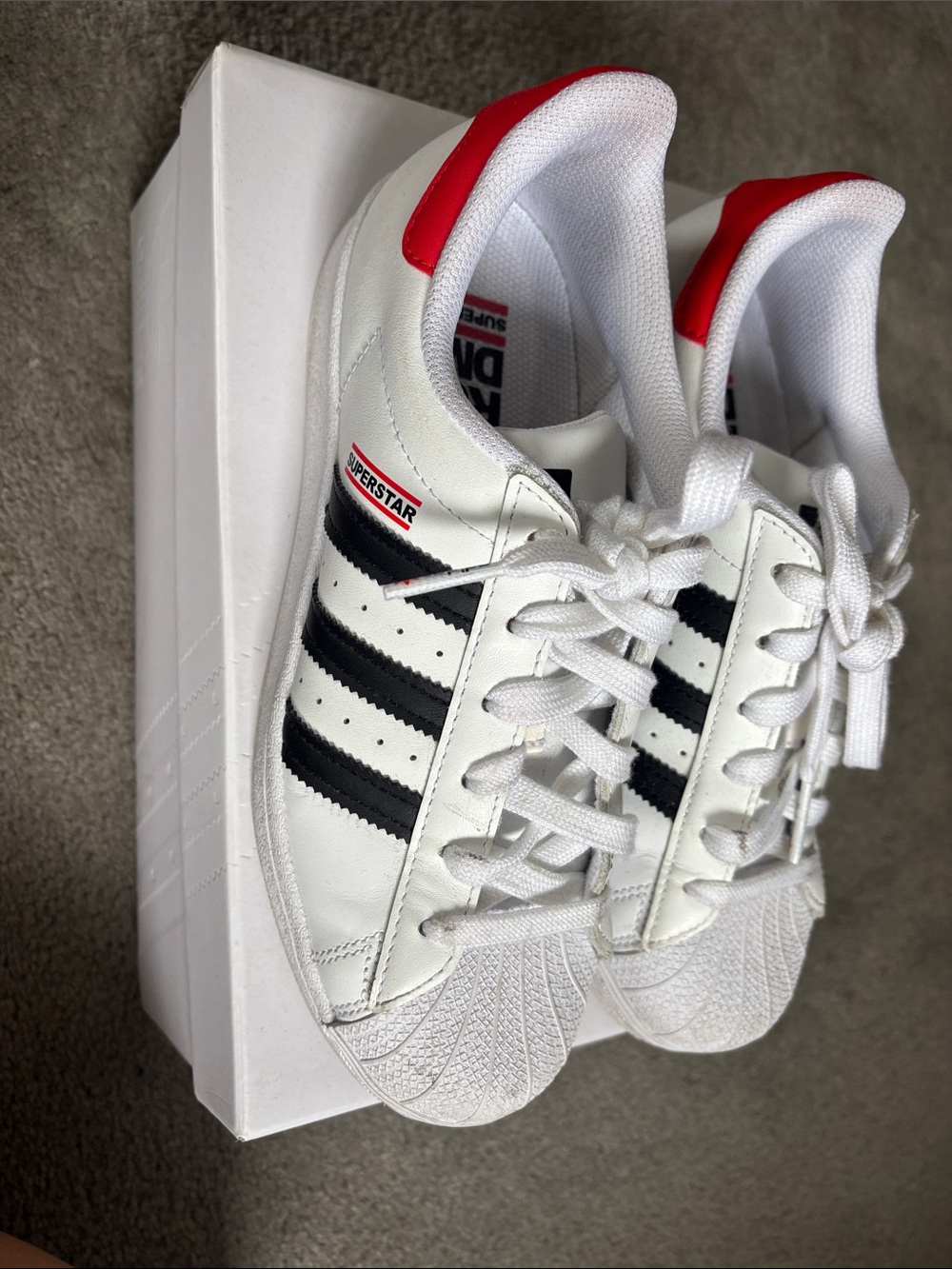 adidas Superstar RUN DMC White Sneakers with Black Stripes and Red Heel Tabs